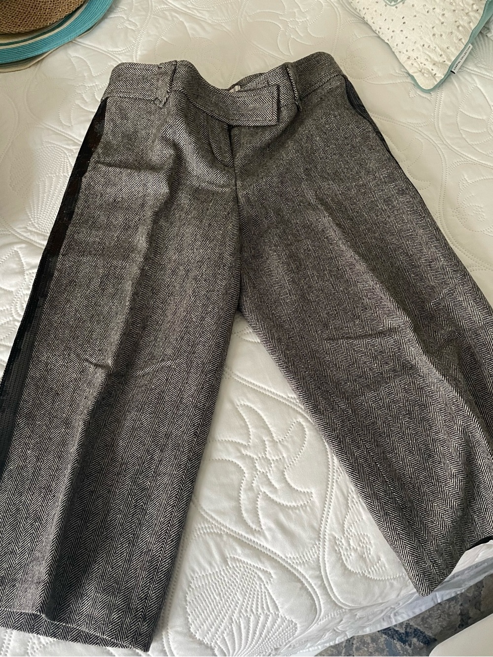 LOFT Wide Gaucho Tuxedo Pants in Gray with Black Side Embellished Stripe